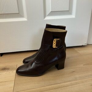 Baldinini Elegant Brown Leather Ankle Boots with Gold Buckle Italian Made